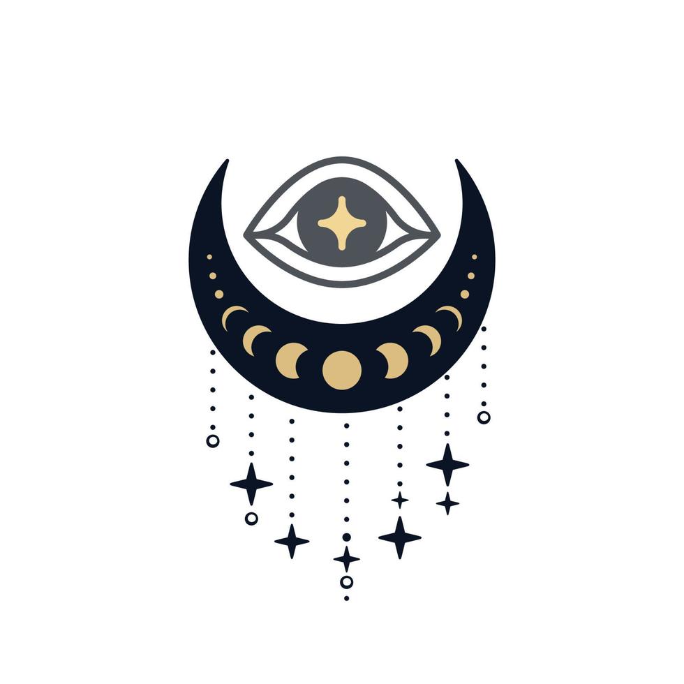 Eye of Providence over crescent with decoration. Sacred mystical symbol vector