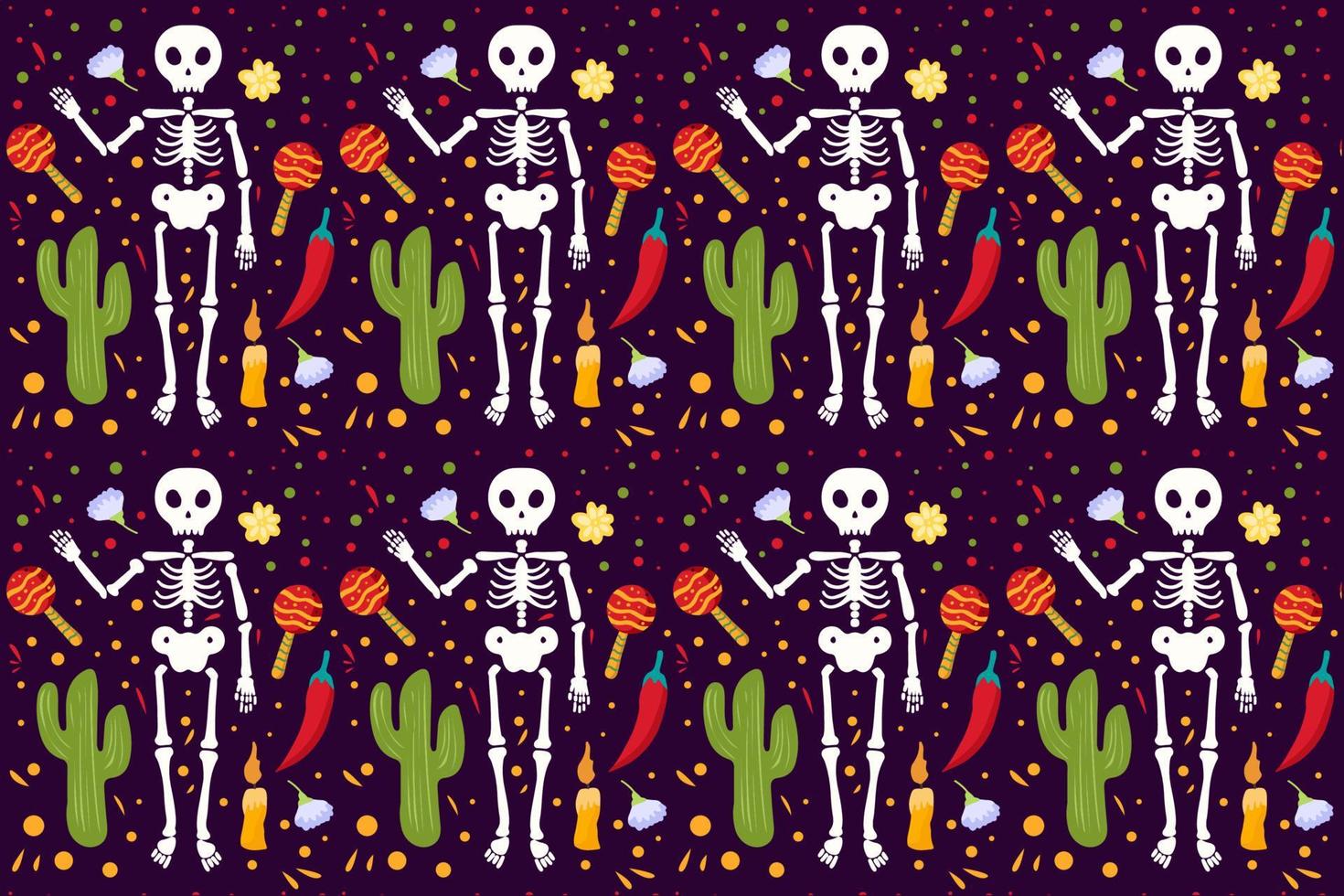 hand drawn dia de muertos pattern with skeleton vector