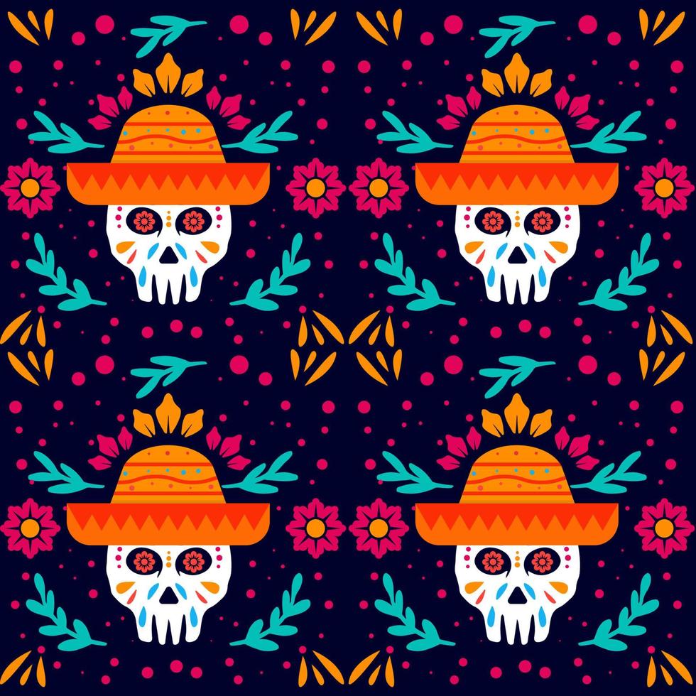 hand drawn dia de muertos pattern with skull use hat vector