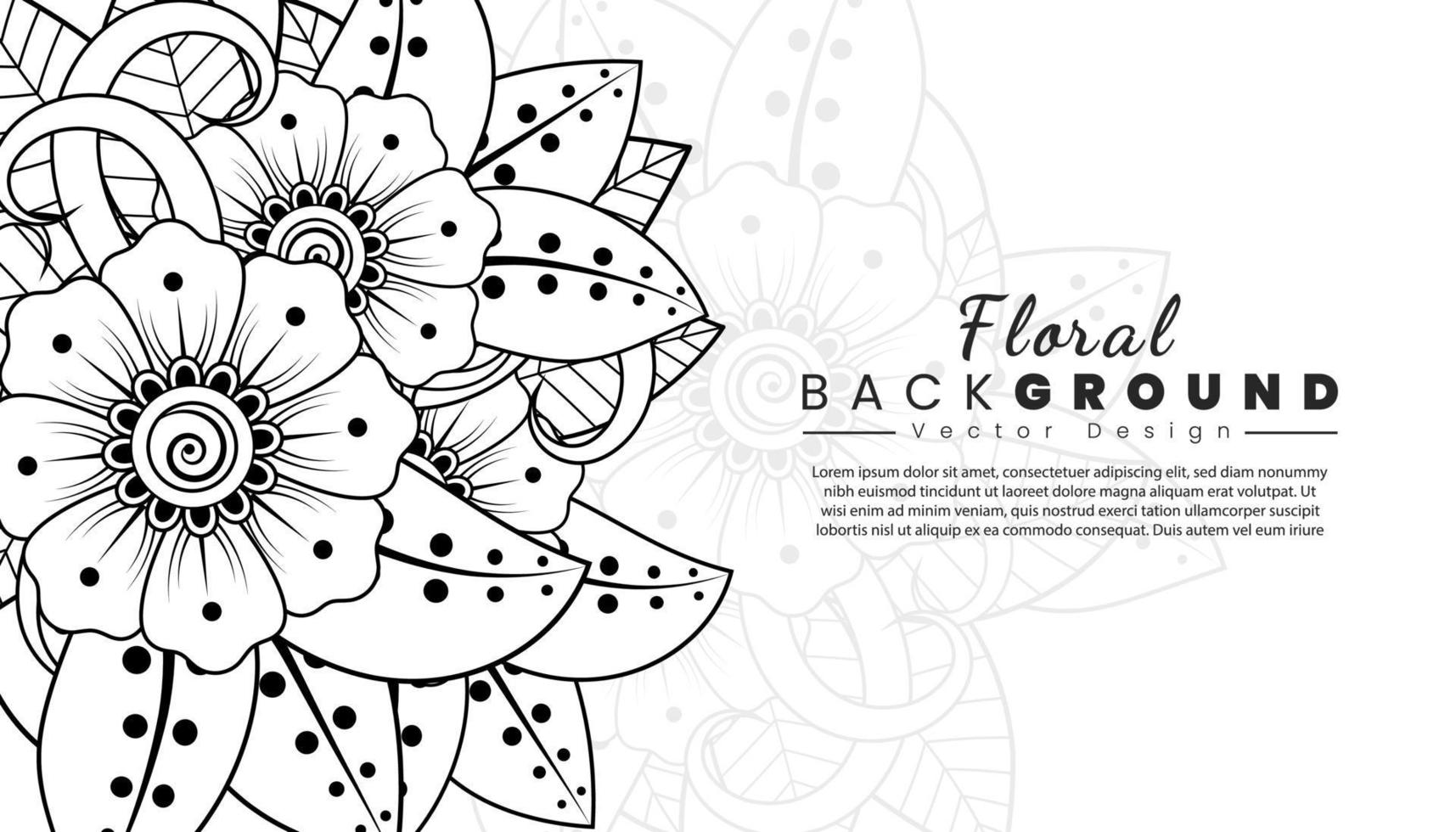 fondo con flores mehndi. líneas negras sobre fondo blanco. banner o plantilla de tarjeta vector