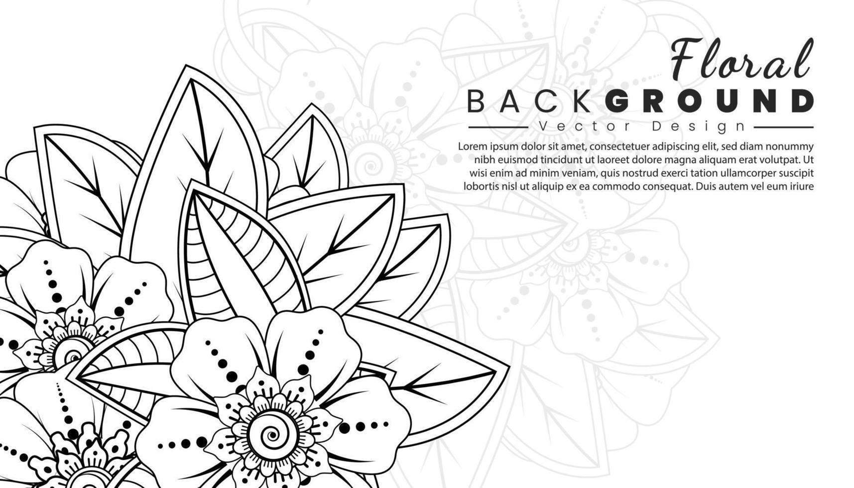 fondo con flores mehndi. líneas negras sobre fondo blanco. banner o plantilla de tarjeta vector