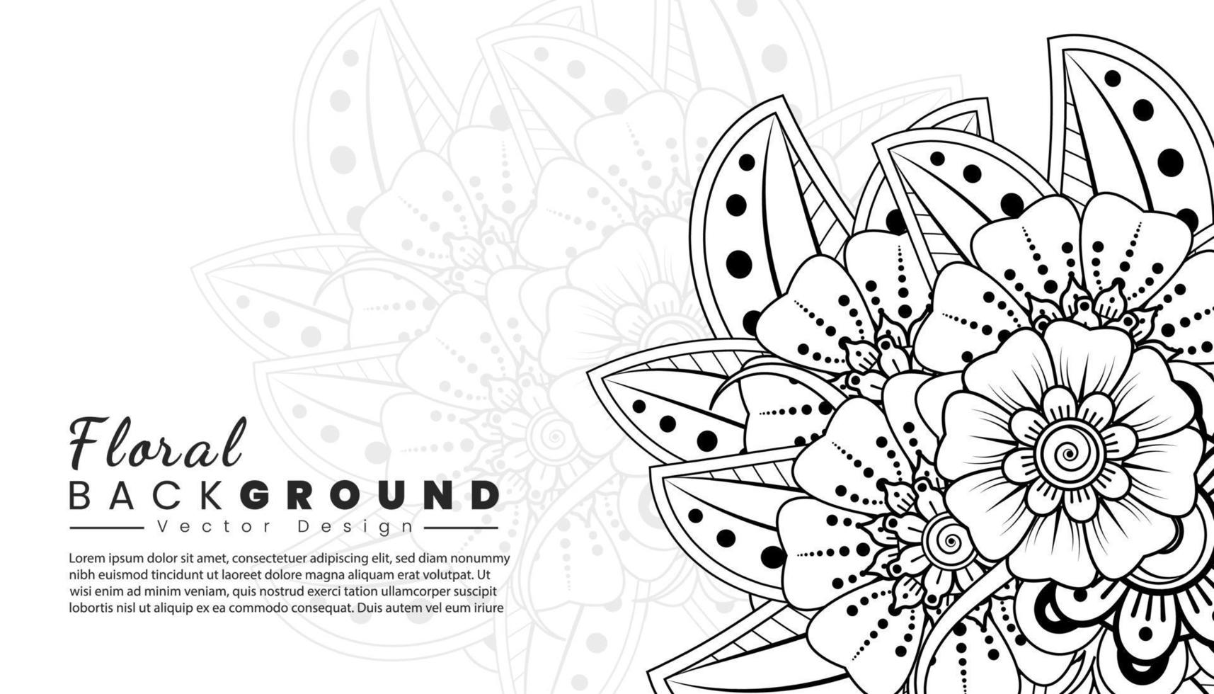 Background with mehndi flowers. Black lines on white background. Banner or card template vector