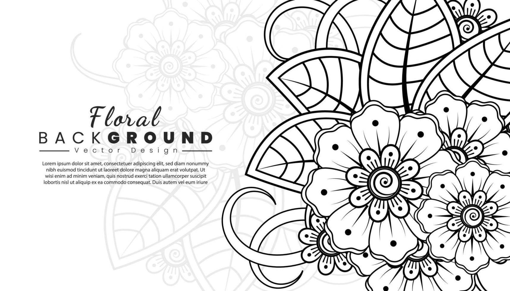 fondo con flores mehndi. líneas negras sobre fondo blanco. banner o plantilla de tarjeta vector