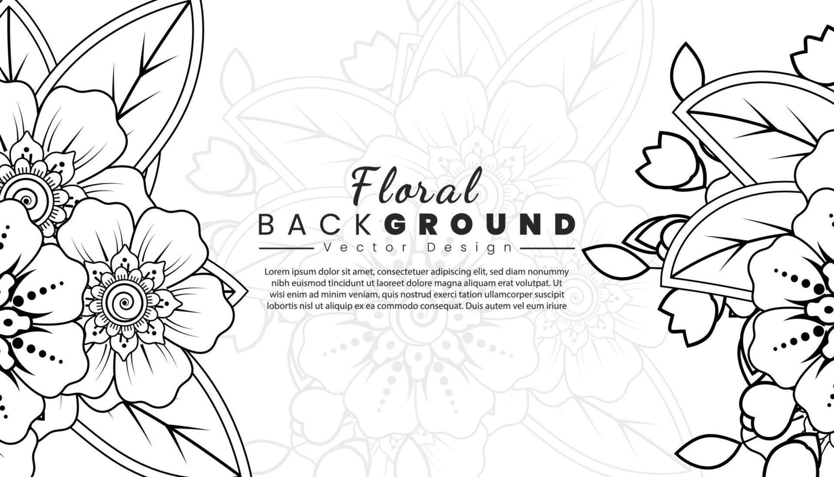 fondo con flores mehndi. líneas negras sobre fondo blanco. banner o plantilla de tarjeta vector