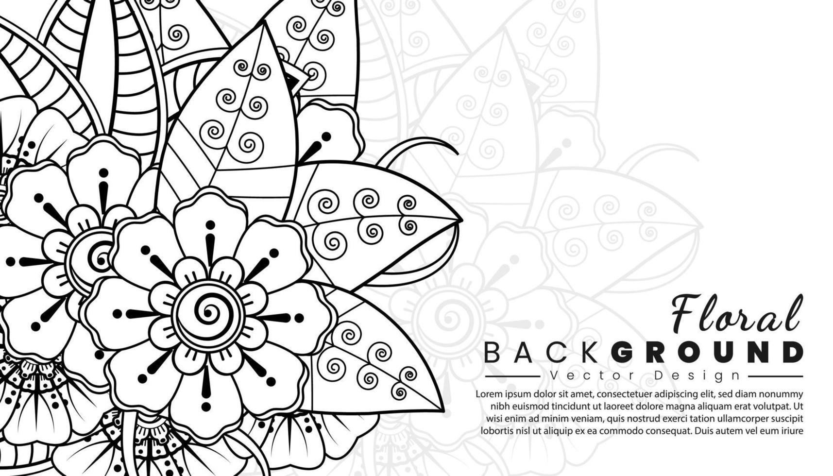 fondo con flores mehndi. líneas negras sobre fondo blanco. banner o plantilla de tarjeta vector