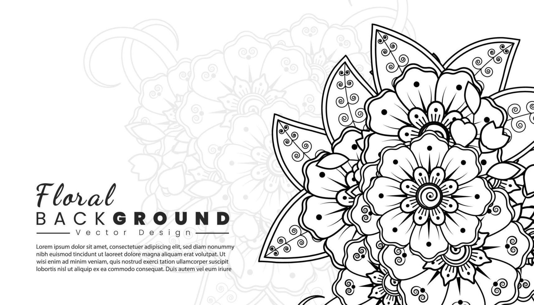 fondo con flores mehndi. líneas negras sobre fondo blanco. banner o plantilla de tarjeta vector