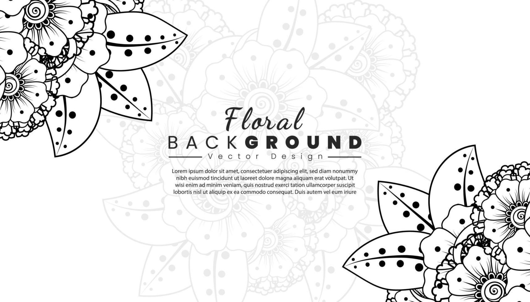 fondo con flores mehndi. líneas negras sobre fondo blanco. banner o plantilla de tarjeta vector