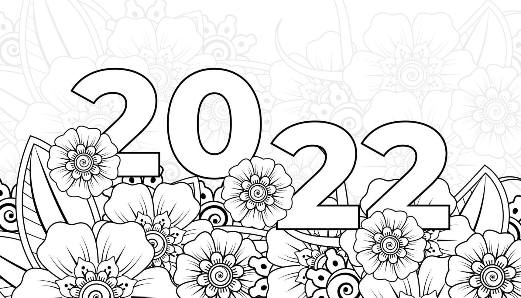 feliz año nuevo 2022 banner o plantilla de tarjeta con flor mehndi vector