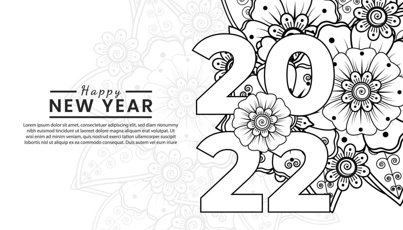 feliz año nuevo 2022 banner o plantilla de tarjeta con flor mehndi vector