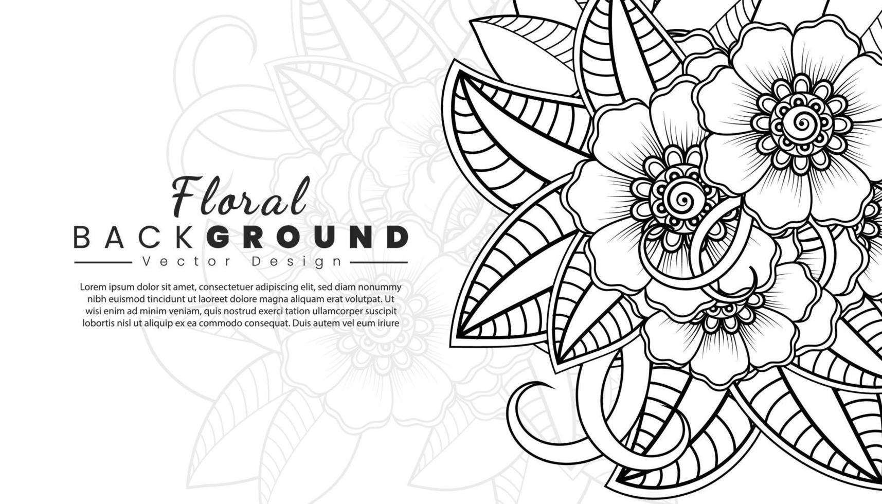 fondo con flores mehndi. líneas negras sobre fondo blanco. banner o plantilla de tarjeta vector