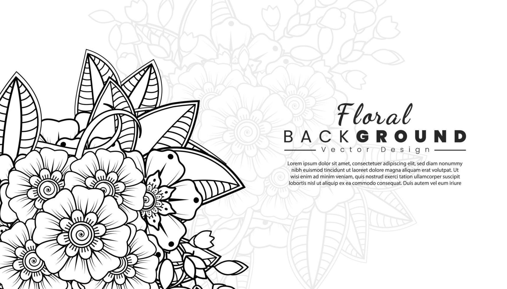 fondo con flores mehndi. líneas negras sobre fondo blanco. banner o plantilla de tarjeta vector