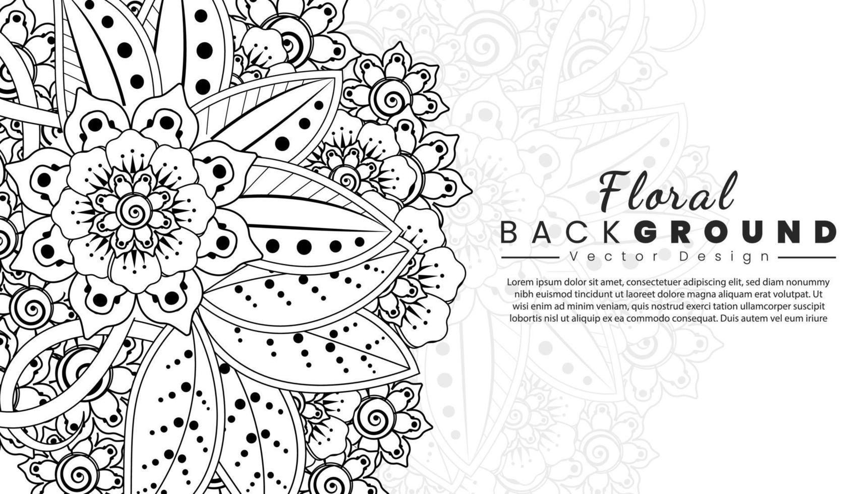 fondo con flores mehndi. líneas negras sobre fondo blanco. banner o plantilla de tarjeta vector