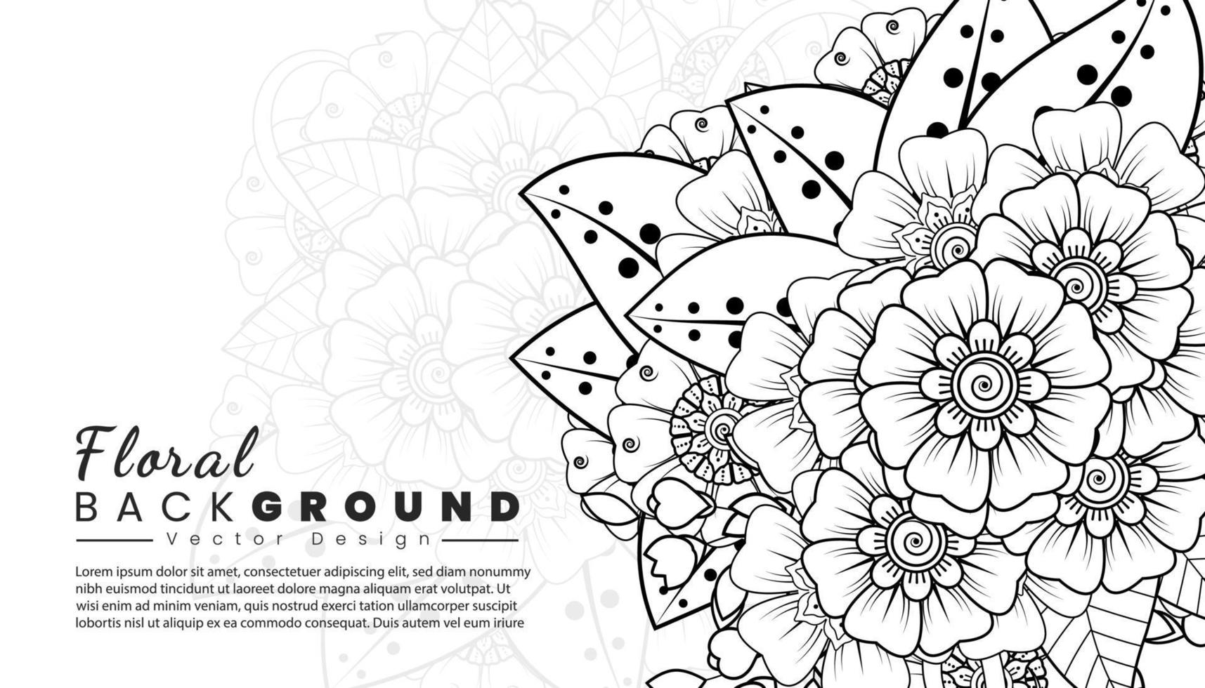 fondo con flores mehndi. líneas negras sobre fondo blanco. banner o plantilla de tarjeta vector