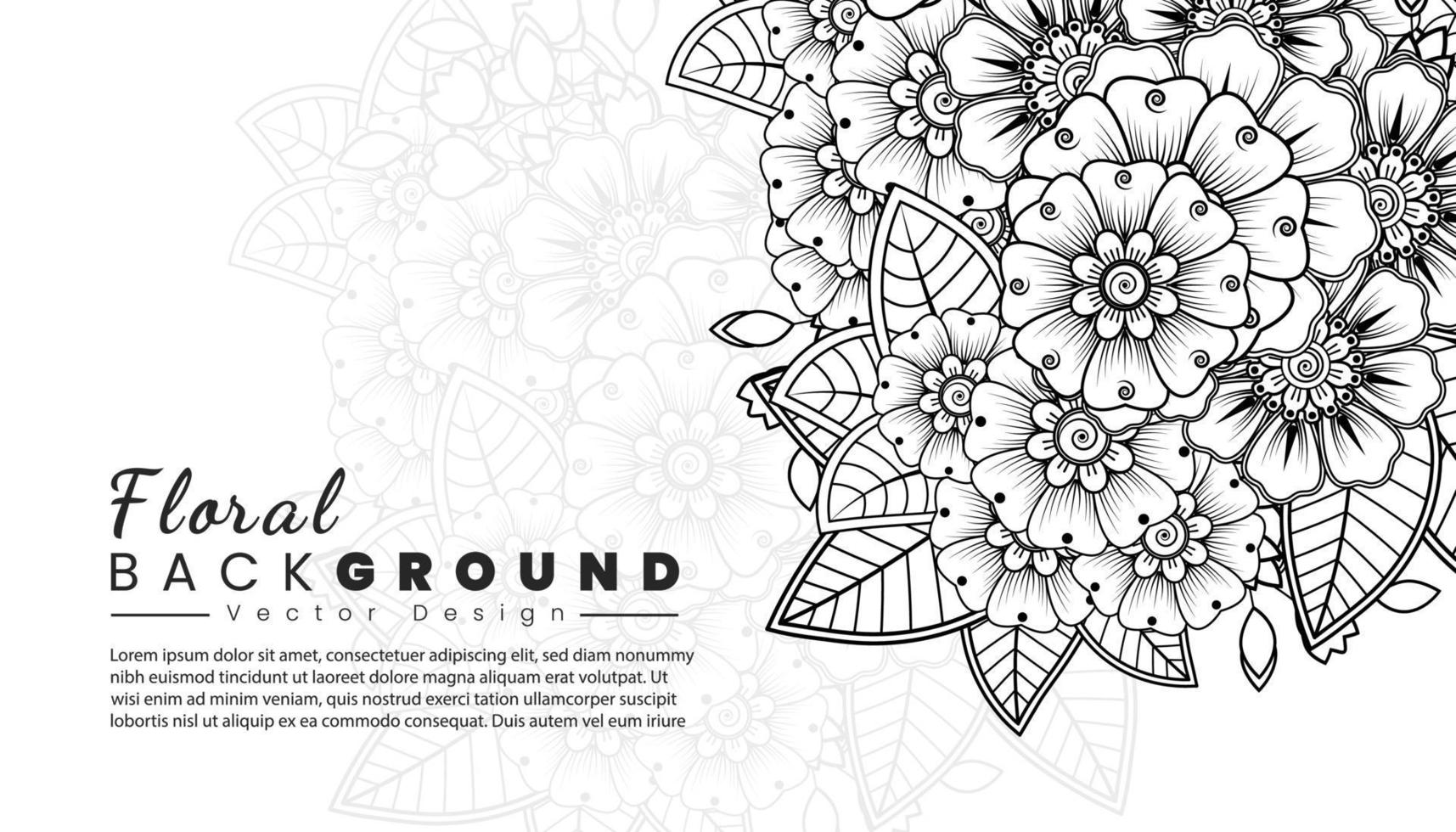 fondo con flores mehndi. líneas negras sobre fondo blanco. banner o plantilla de tarjeta vector