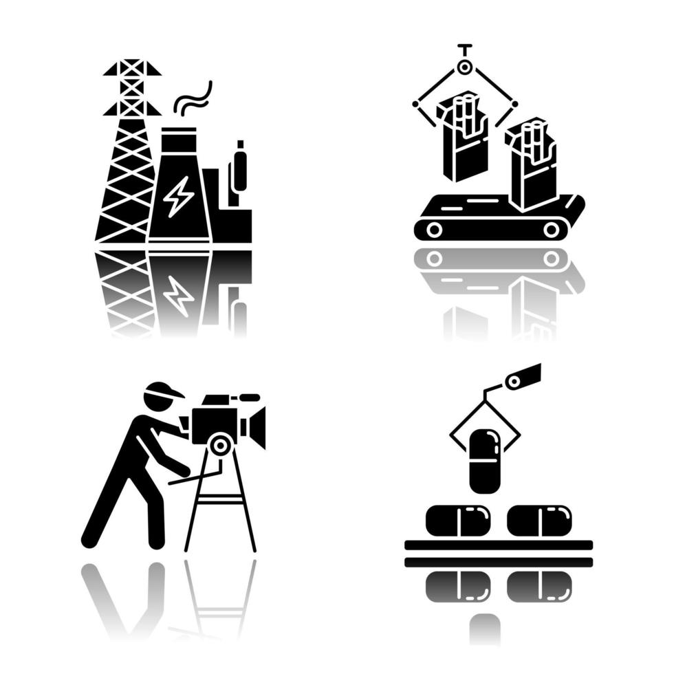 Industry types drop shadow black glyph icons set vector