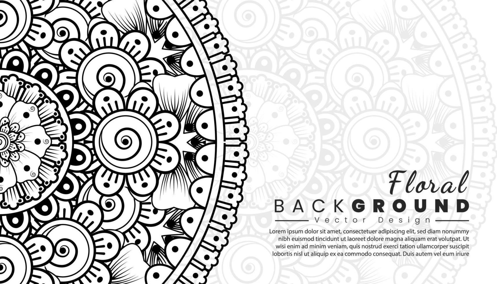 fondo con flores mehndi. líneas negras sobre fondo blanco. banner o plantilla de tarjeta vector