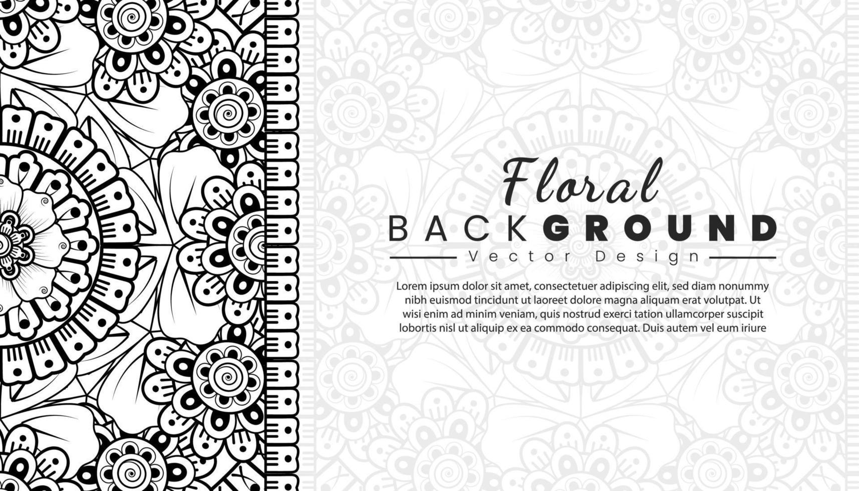 fondo con flores mehndi. líneas negras sobre fondo blanco. banner o plantilla de tarjeta vector