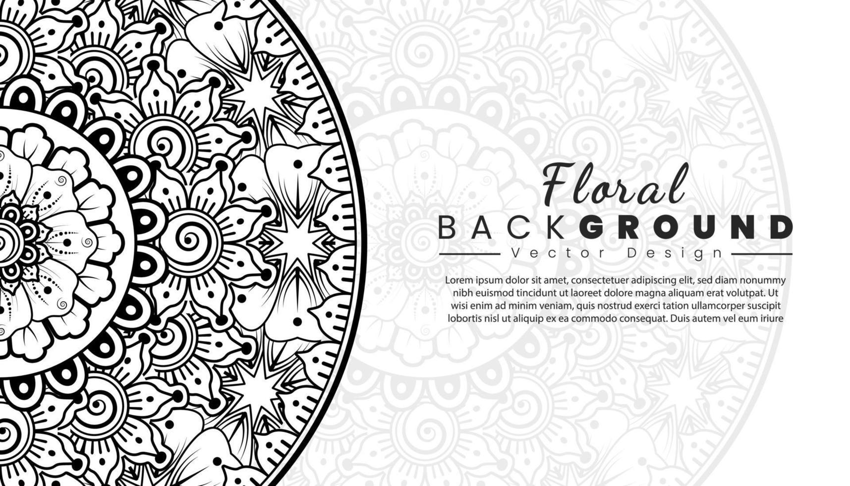 fondo con flores mehndi. líneas negras sobre fondo blanco. banner o plantilla de tarjeta vector