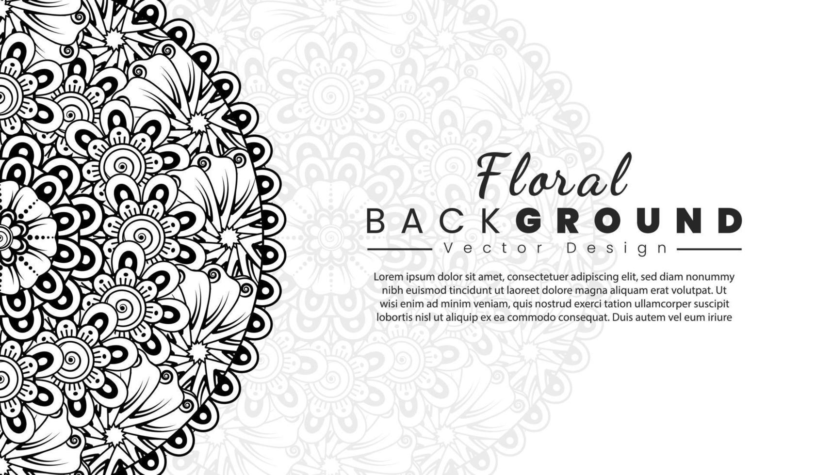 fondo con flores mehndi. líneas negras sobre fondo blanco. banner o plantilla de tarjeta vector