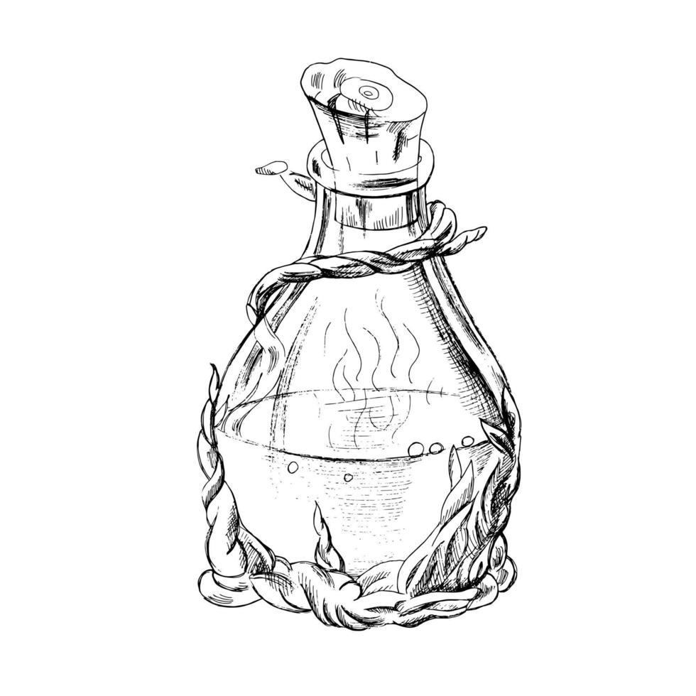 A hand-drawn sketch of a bottle with a magic potion. Vector vintage illustration. Drawing with an ink pen. Halloween vector illustration.