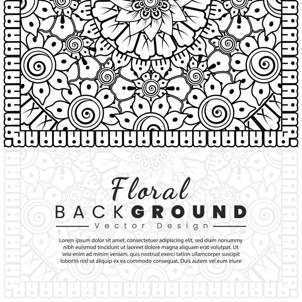 fondo con flores mehndi. líneas negras sobre fondo blanco. banner o plantilla de tarjeta vector