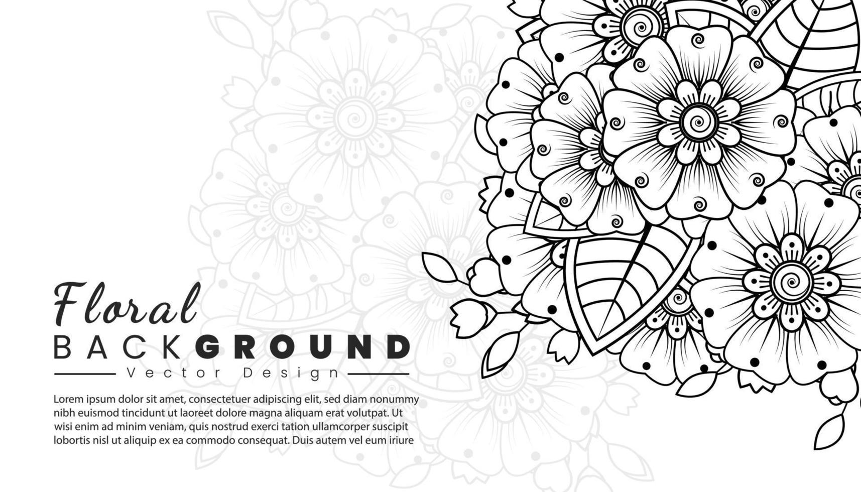 fondo con flores mehndi. líneas negras sobre fondo blanco. banner o plantilla de tarjeta vector