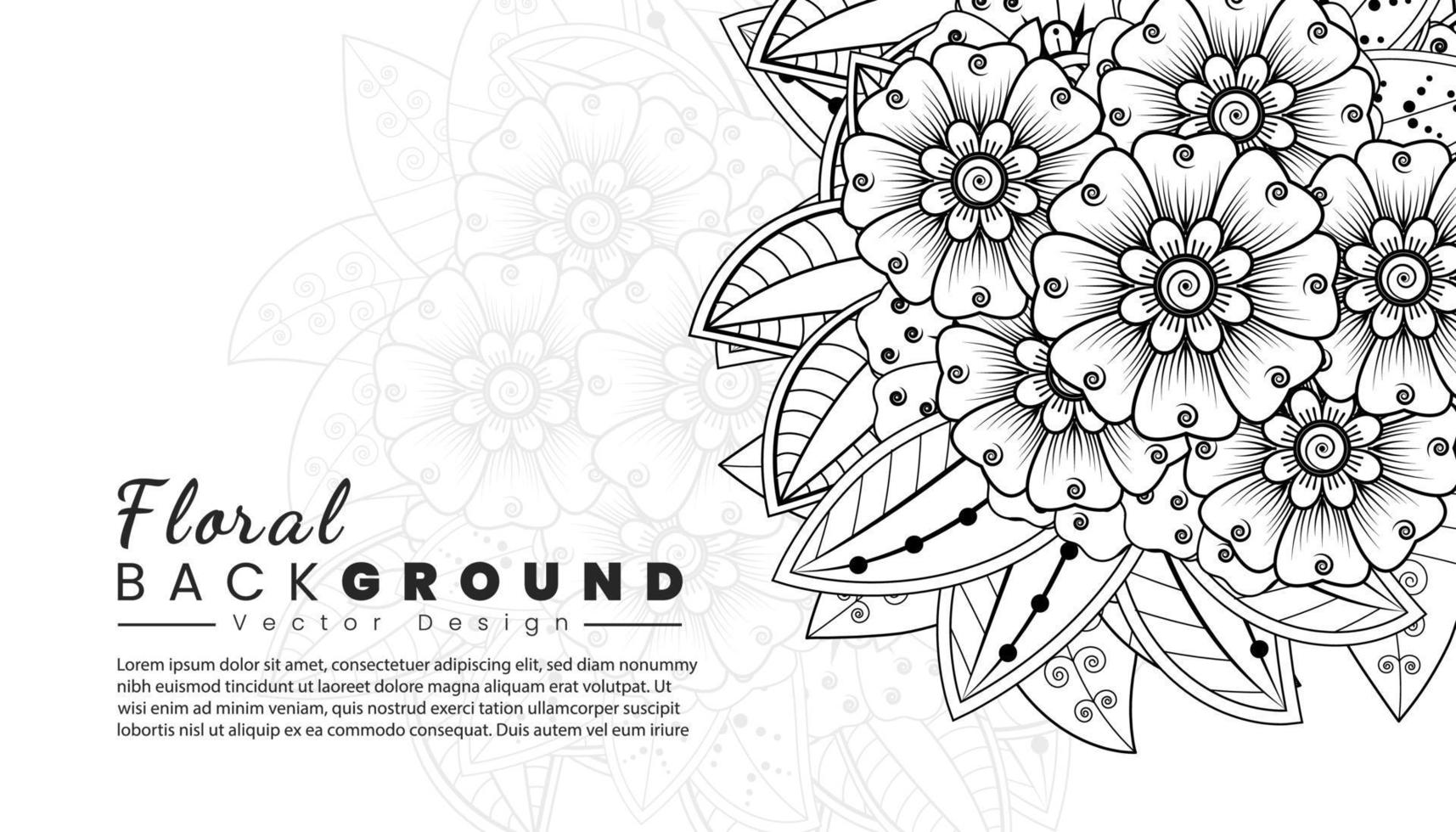 Background with mehndi flowers. Black lines on white background. Banner or card template vector