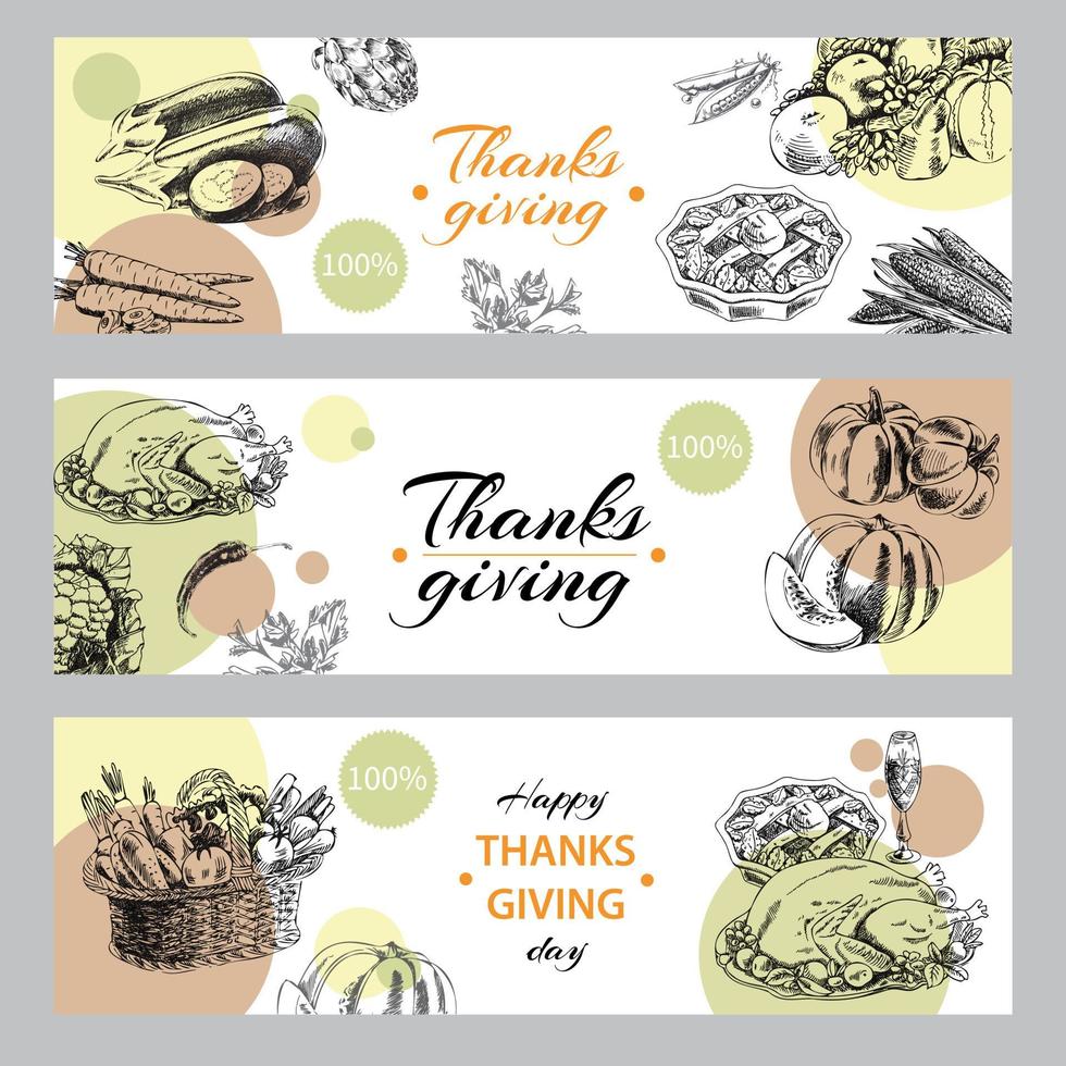 A set of vector hand-drawn banners for Thanksgiving. An illustration in a vintage sketch style. Retro food background.