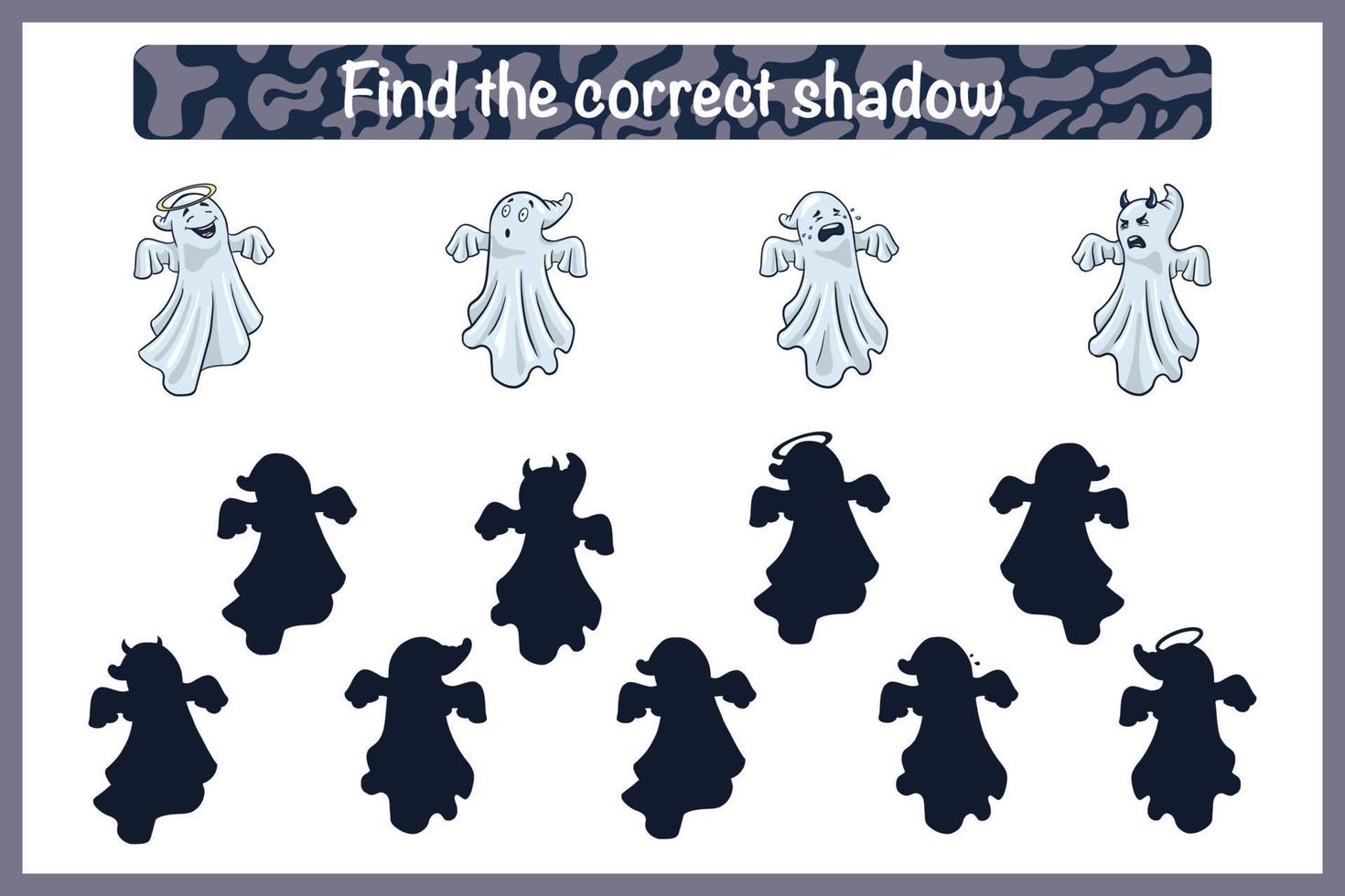 Find correct Spooky shadow educational game for kids. Shadow matching activity for children with ghosts. Preschool puzzle. Educational worksheet. FInd the correct silhouette game vector