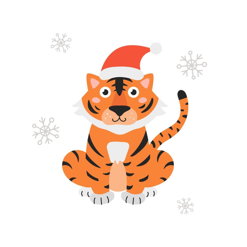 Symbol of the year is tiger in Santa hat on white background with snowflakes. Vector illustration in flat cartoon style