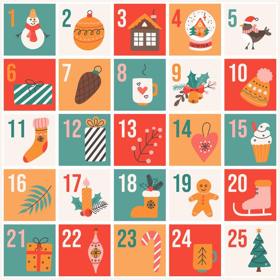 calendario de adviento de navidad en estilo plano dibujado a mano, cartel de vector festivo