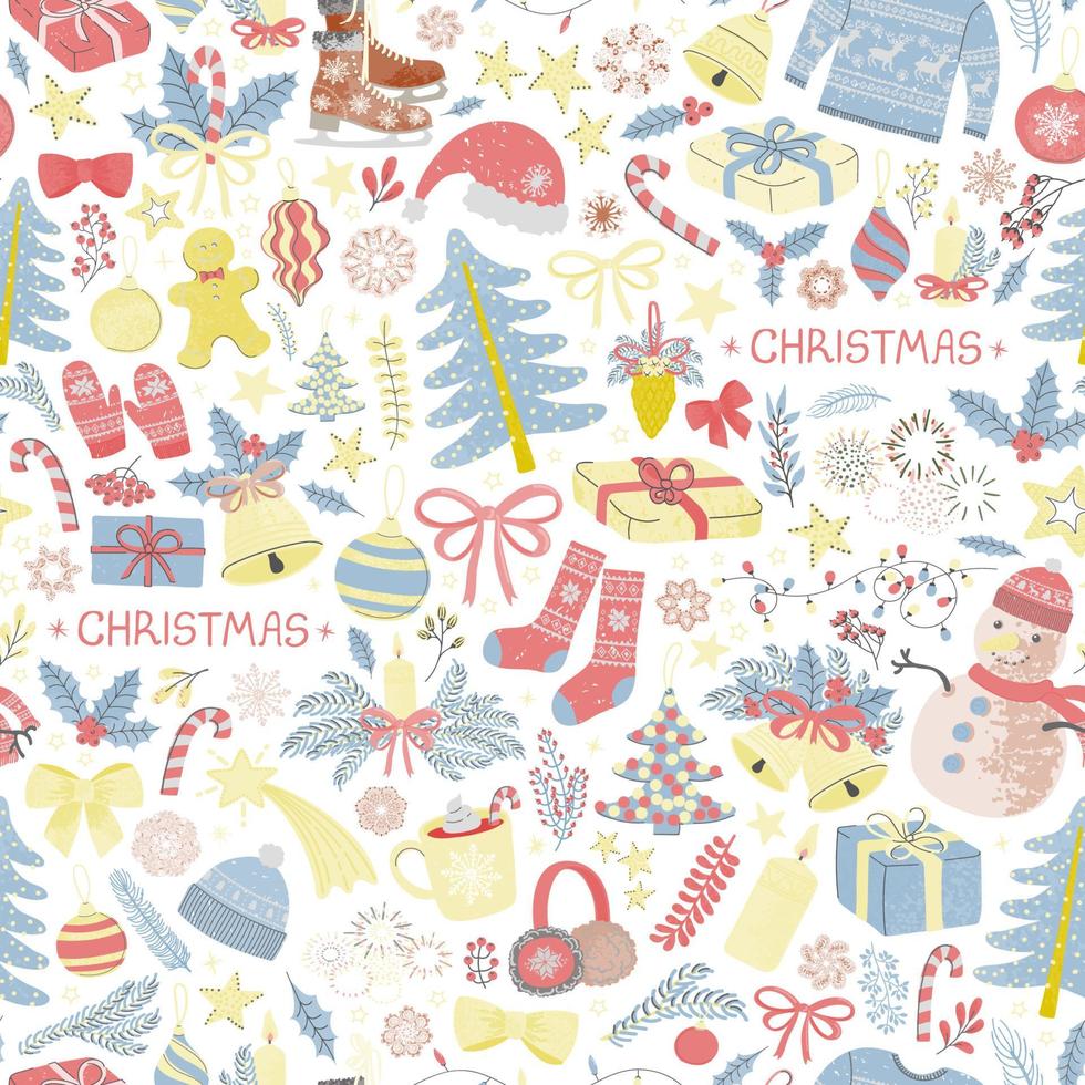 Vector seamless pattern with colorful illustrations of Christmas items. Use it for textile print, pattern fills, web page, wrapping paper, design of presentation and other graphic design