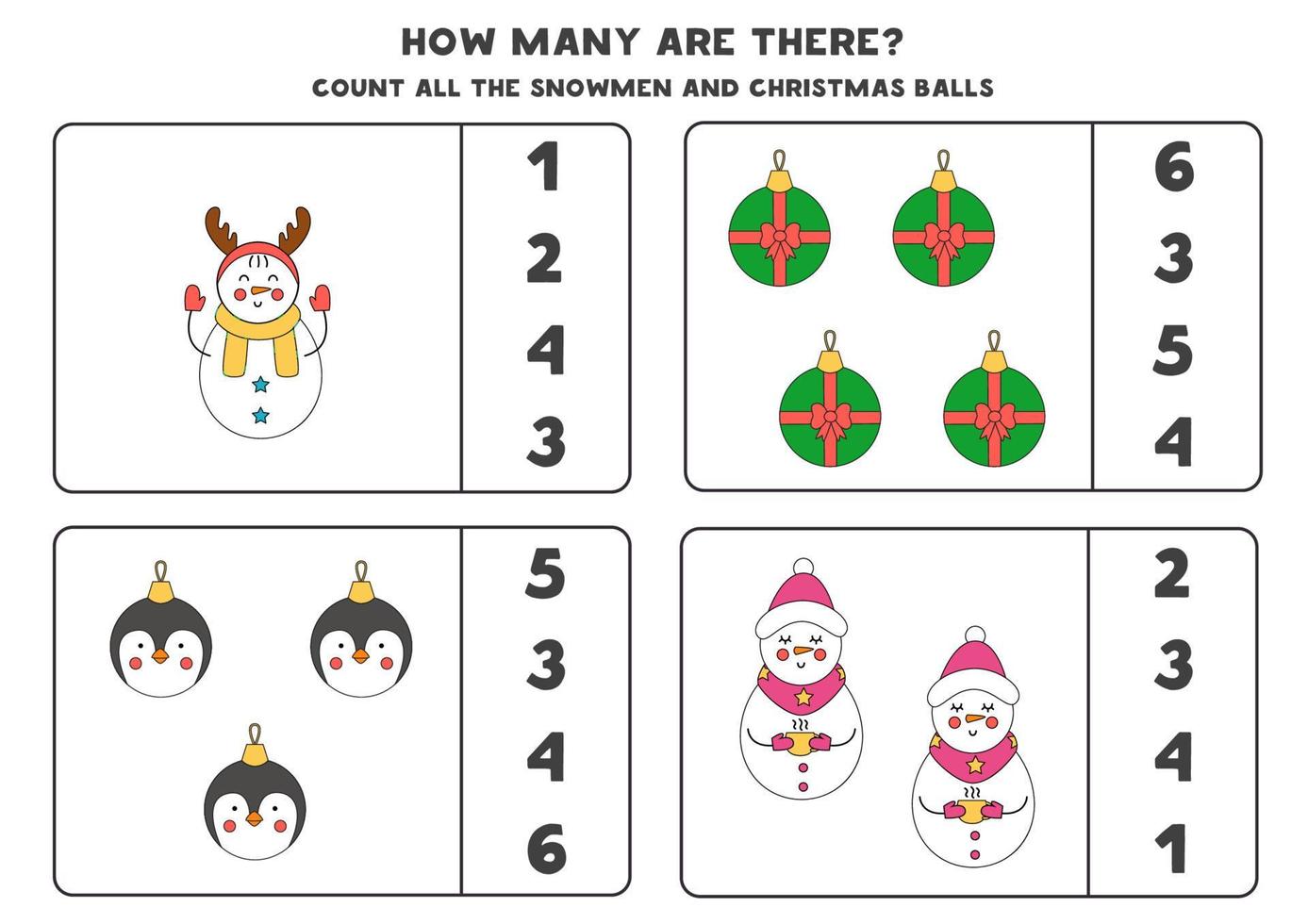 Counting game with Christmas balls and snowmen. Educational worksheet. vector