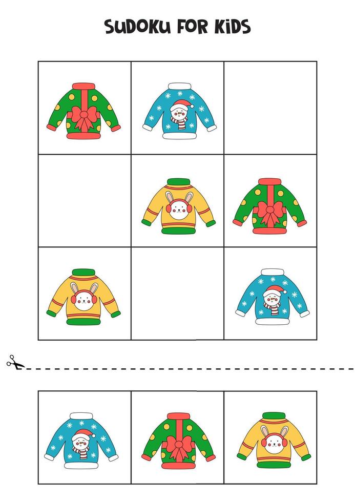 Sudoku game for kids with Christmas sweaters. vector