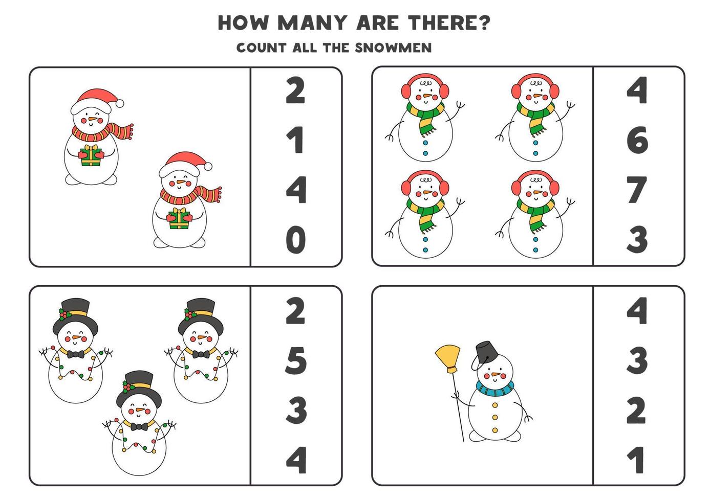 Counting game with Christmas snowmen. Educational worksheet. vector