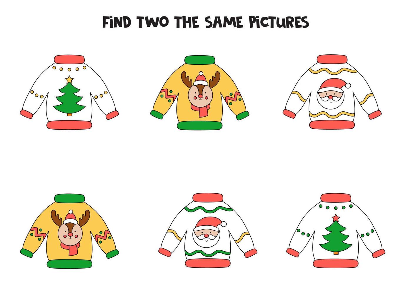 Find two identical Christmas sweaters. Educational game for preschool children. vector