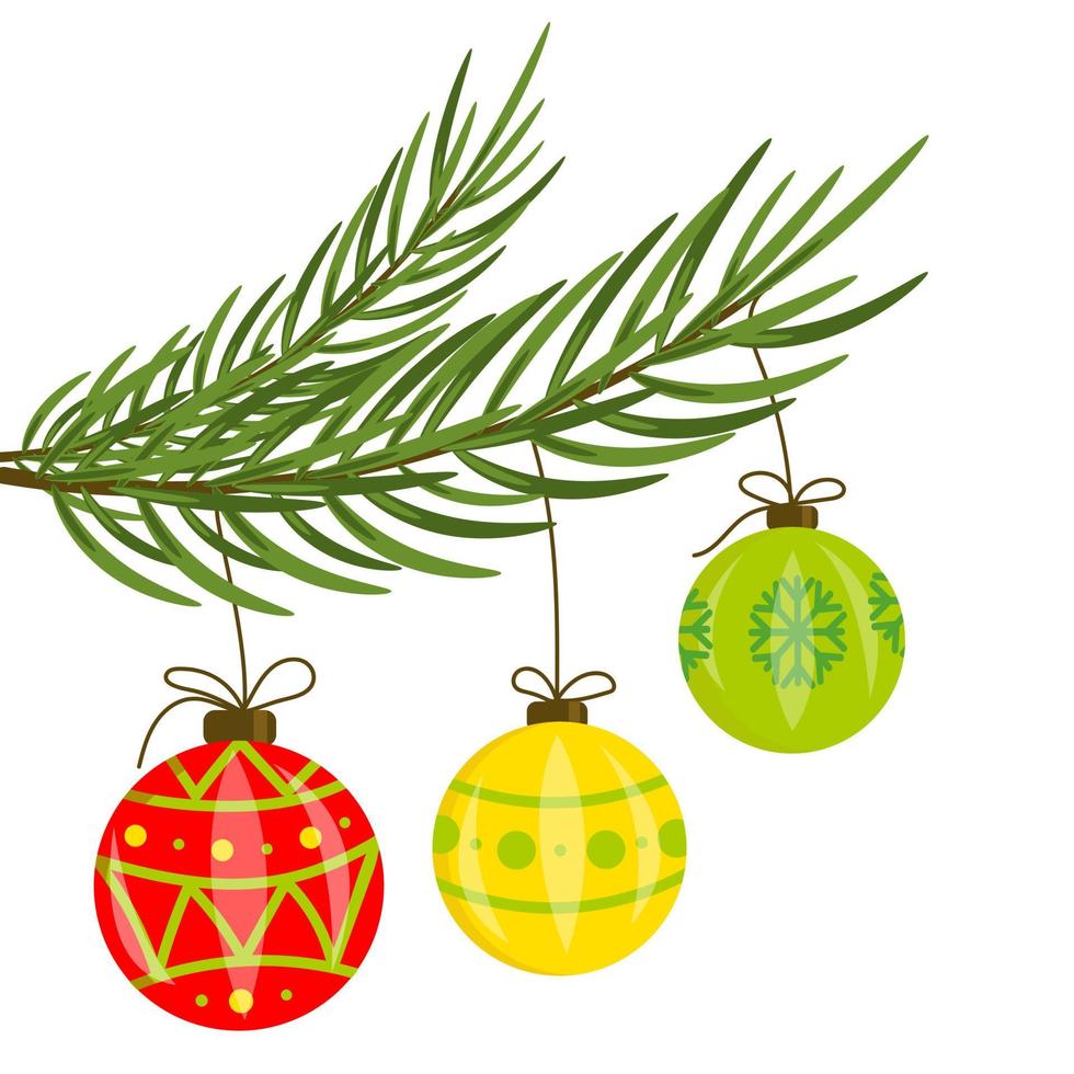 Multicoloured Christmas tree toys balls on fir branch, New Year ornament isolated on white background. Vector illustration
