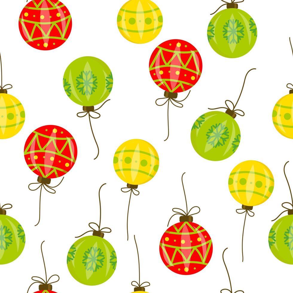 Seamless pattern with multicoloured Christmas tree toys balls, New Year ornament on white background. Vector illustration