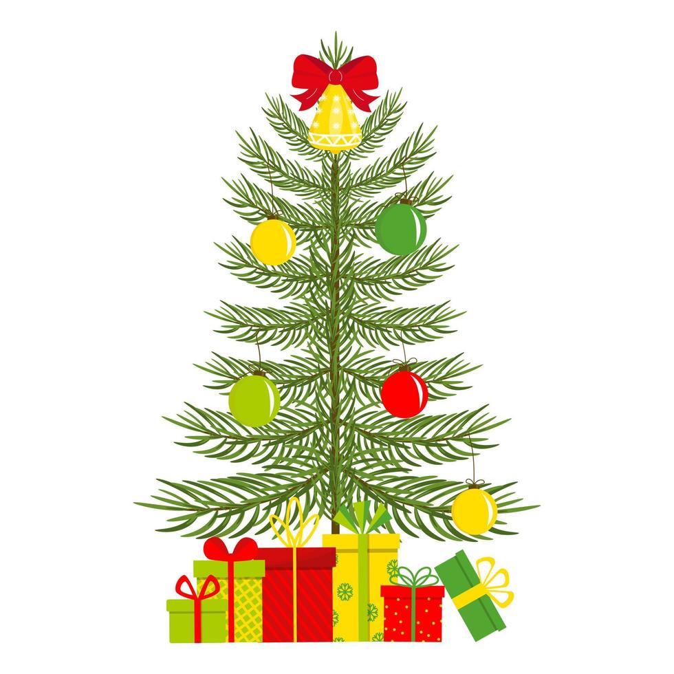 árbol de navidad con adornos y caja de regalo. decoración de año nuevo aislado sobre fondo blanco. ilustración vectorial plana. vector