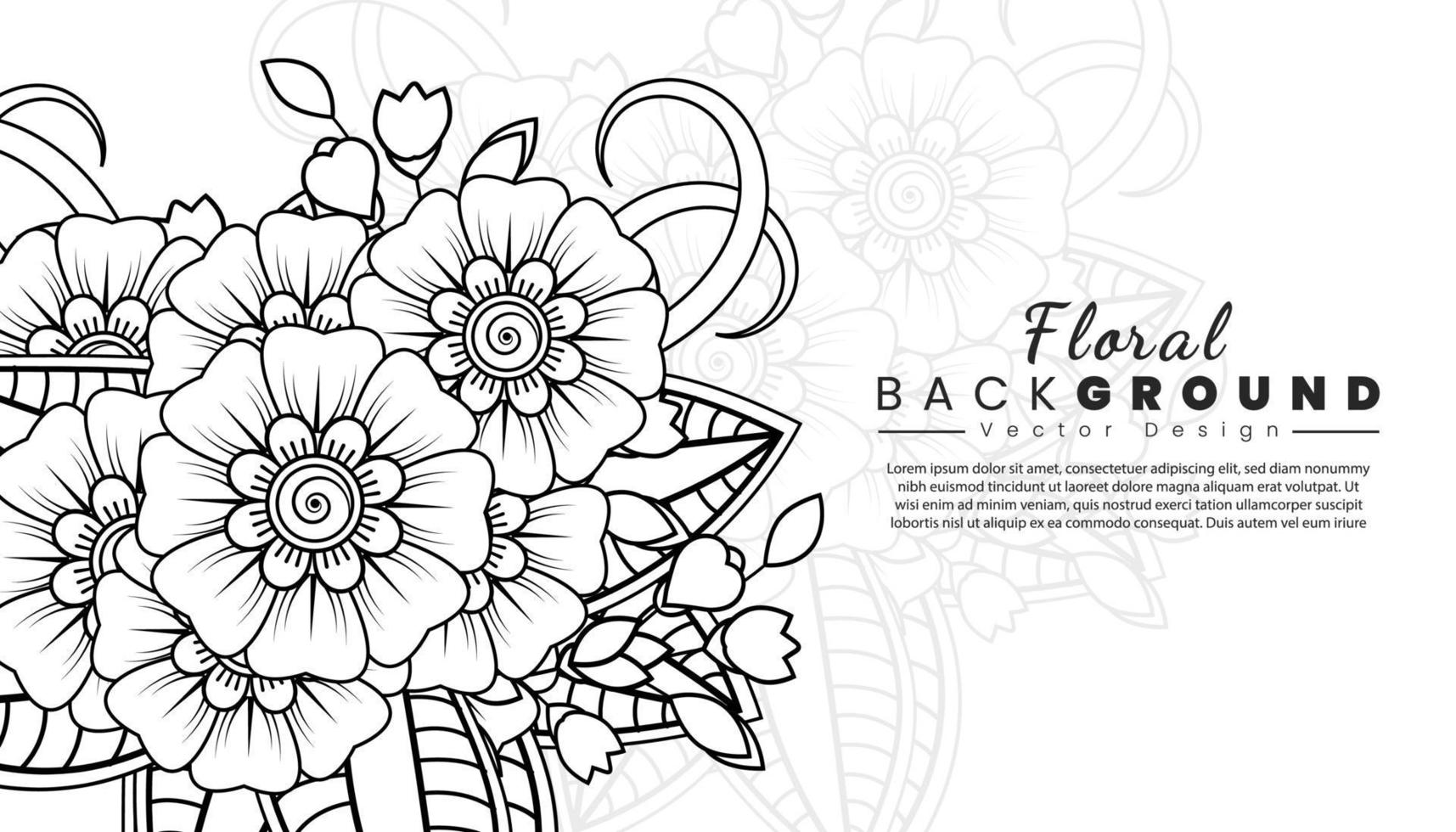 fondo con flores mehndi. líneas negras sobre fondo blanco. banner o plantilla de tarjeta vector