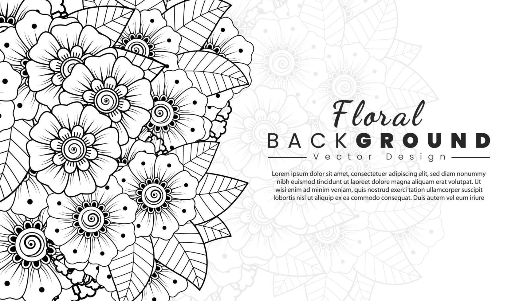 Background with mehndi flowers. Black lines on white background. Banner or card template vector