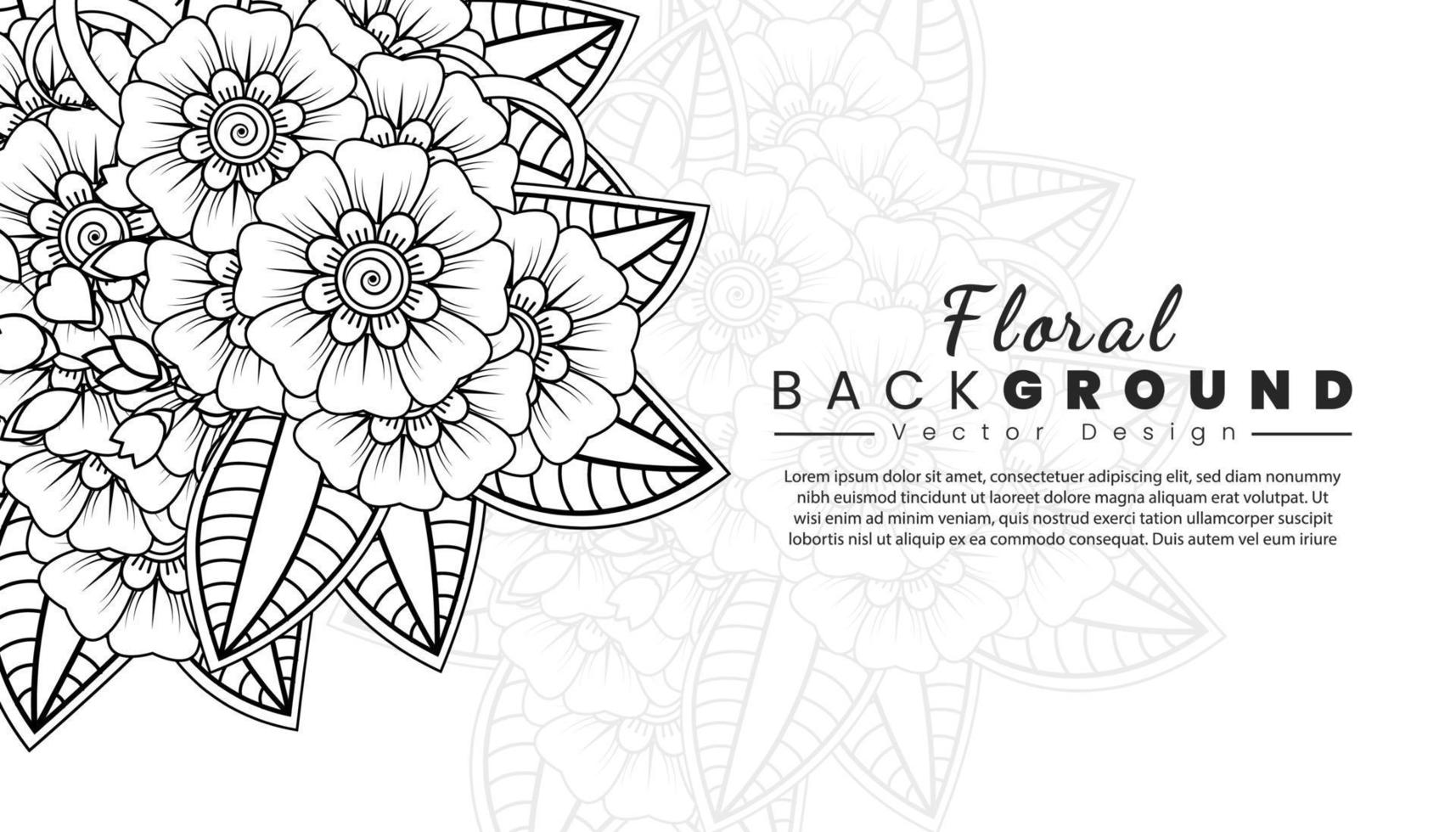 fondo con flores mehndi. líneas negras sobre fondo blanco. banner o plantilla de tarjeta vector