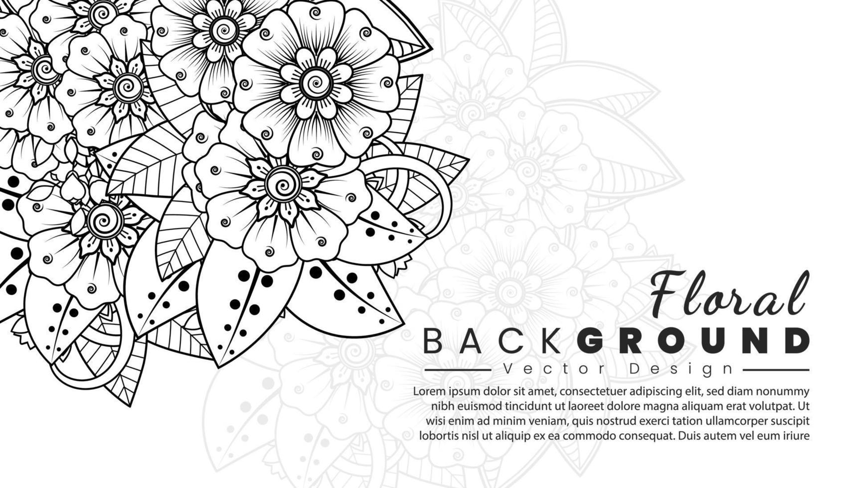 fondo con flores mehndi. líneas negras sobre fondo blanco. banner o plantilla de tarjeta vector