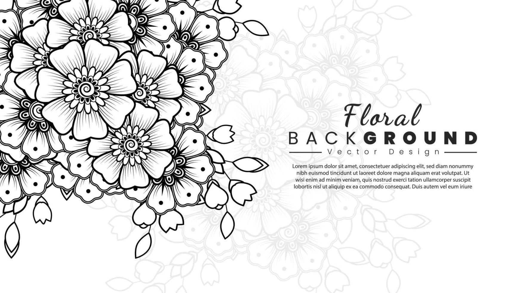 fondo con flores mehndi. líneas negras sobre fondo blanco. banner o plantilla de tarjeta vector