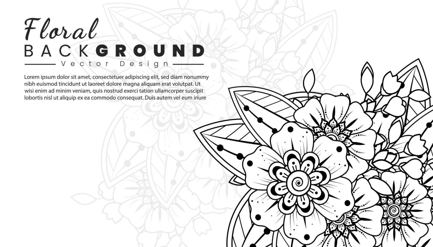 fondo con flores mehndi. líneas negras sobre fondo blanco. banner o plantilla de tarjeta vector