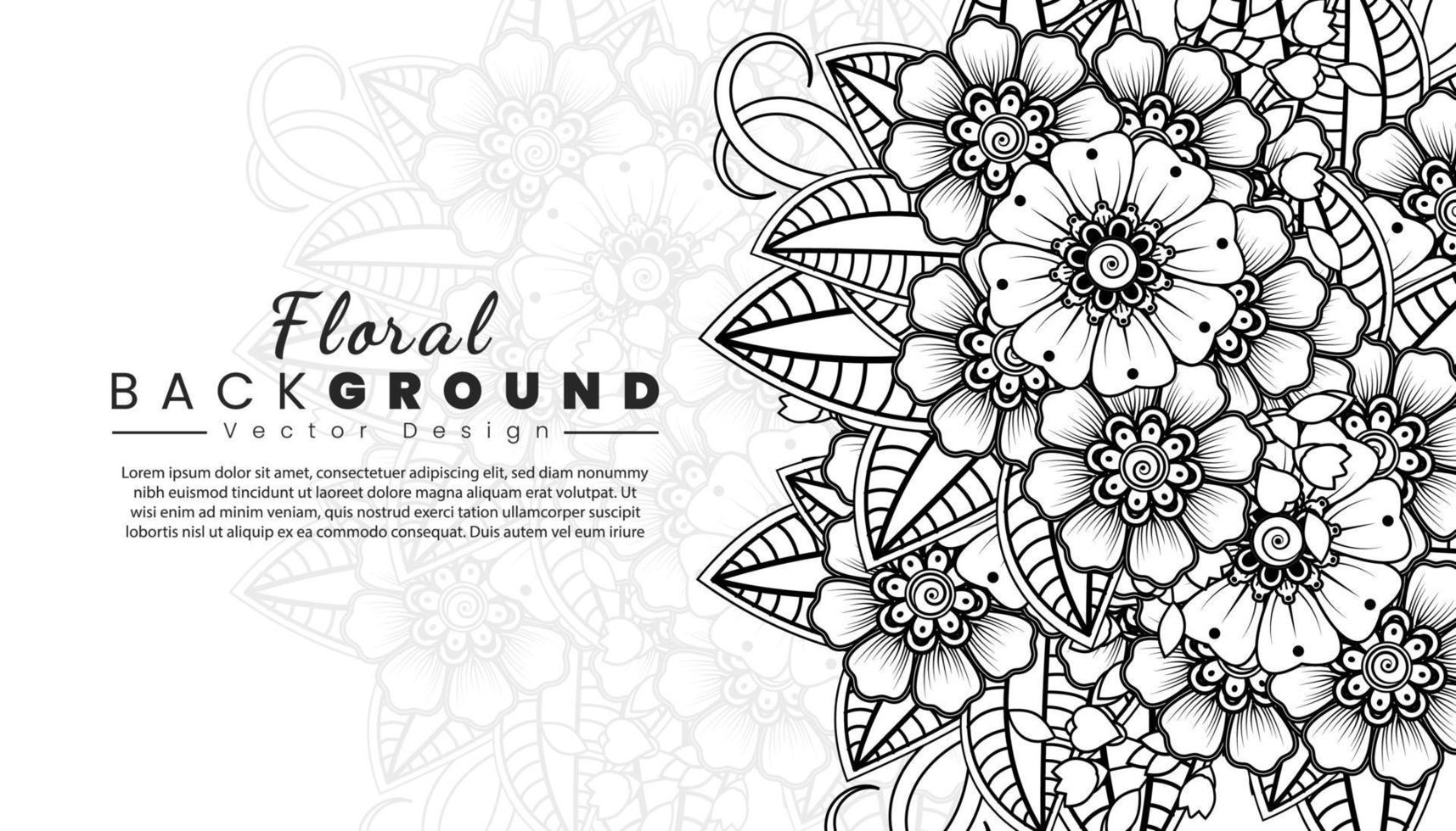 fondo con flores mehndi. líneas negras sobre fondo blanco. banner o plantilla de tarjeta vector