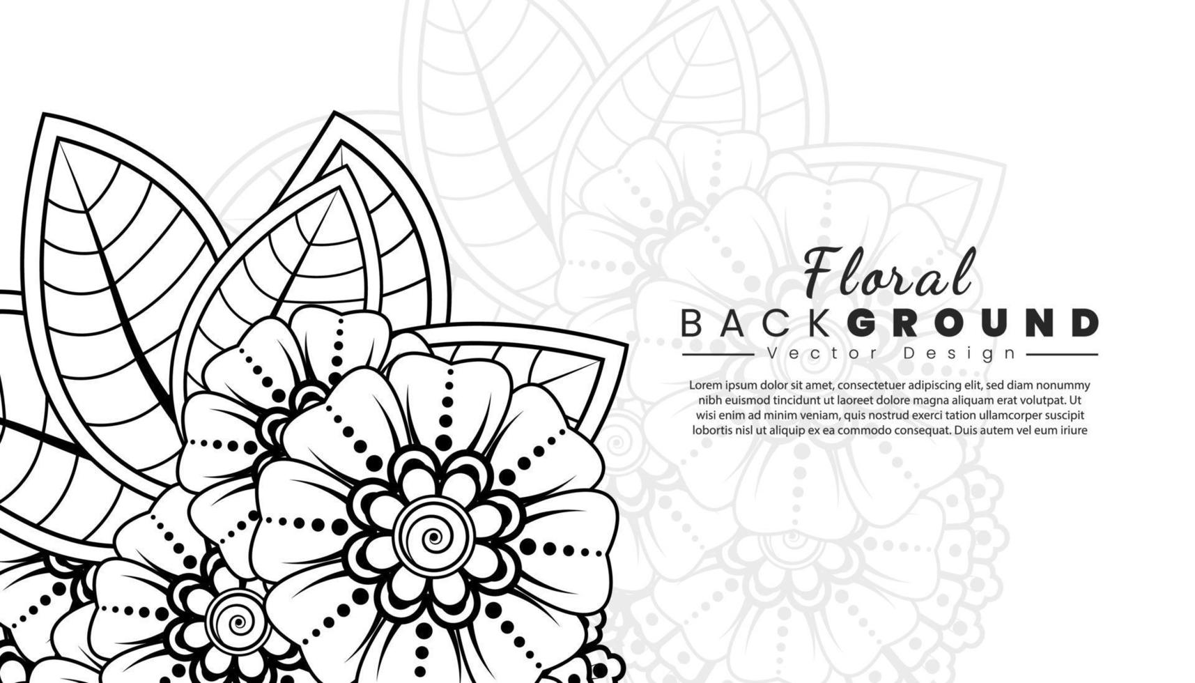 fondo con flores mehndi. líneas negras sobre fondo blanco. banner o plantilla de tarjeta vector