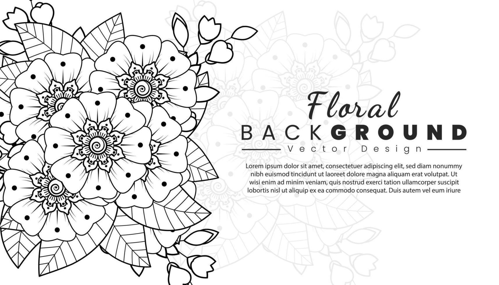 fondo con flores mehndi. líneas negras sobre fondo blanco. banner o plantilla de tarjeta vector