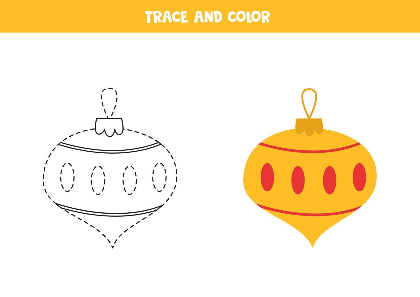 Trace and color cartoon Christmas ball. Worksheet for kids. vector