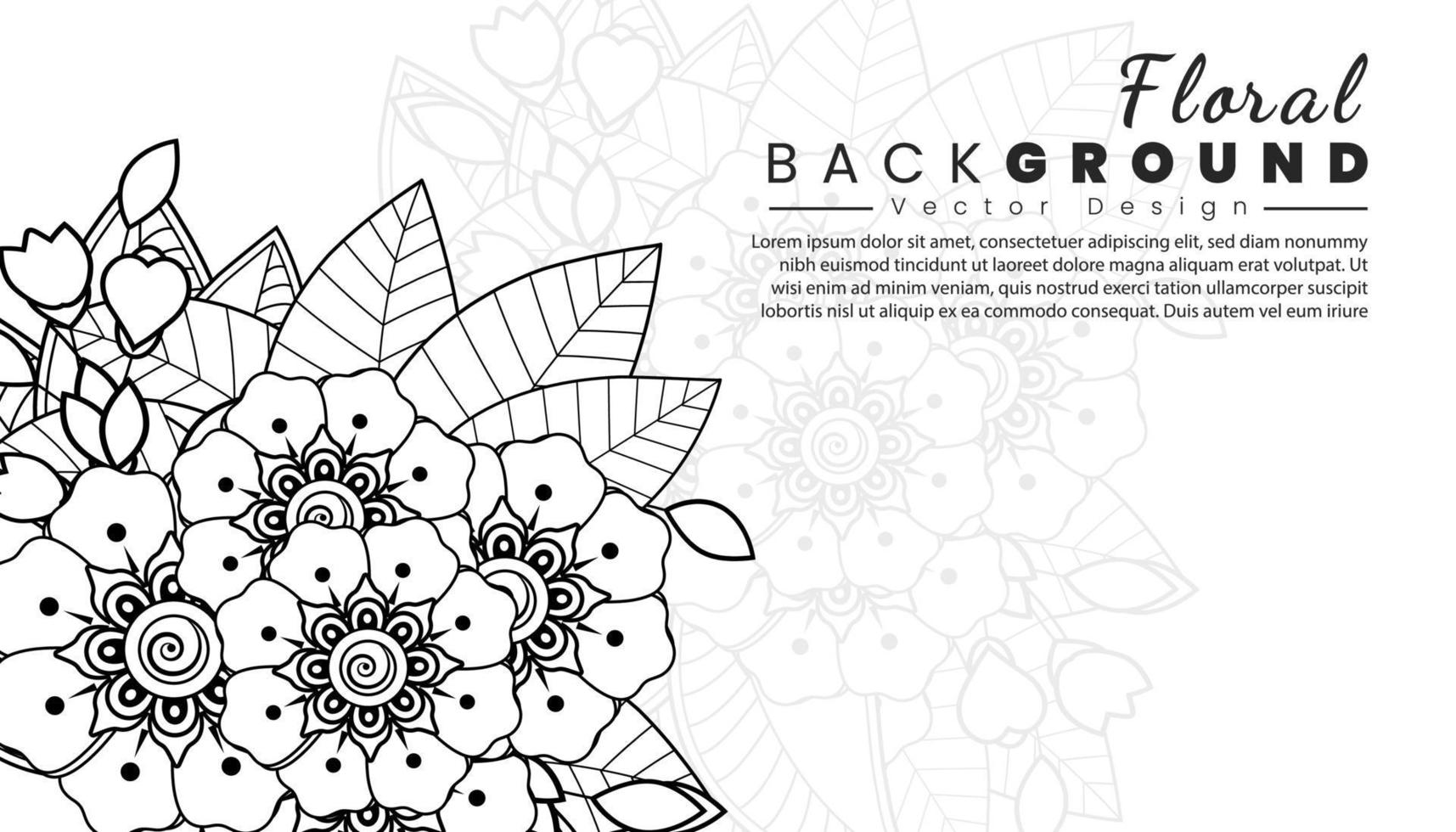 fondo con flores mehndi. líneas negras sobre fondo blanco. banner o plantilla de tarjeta vector